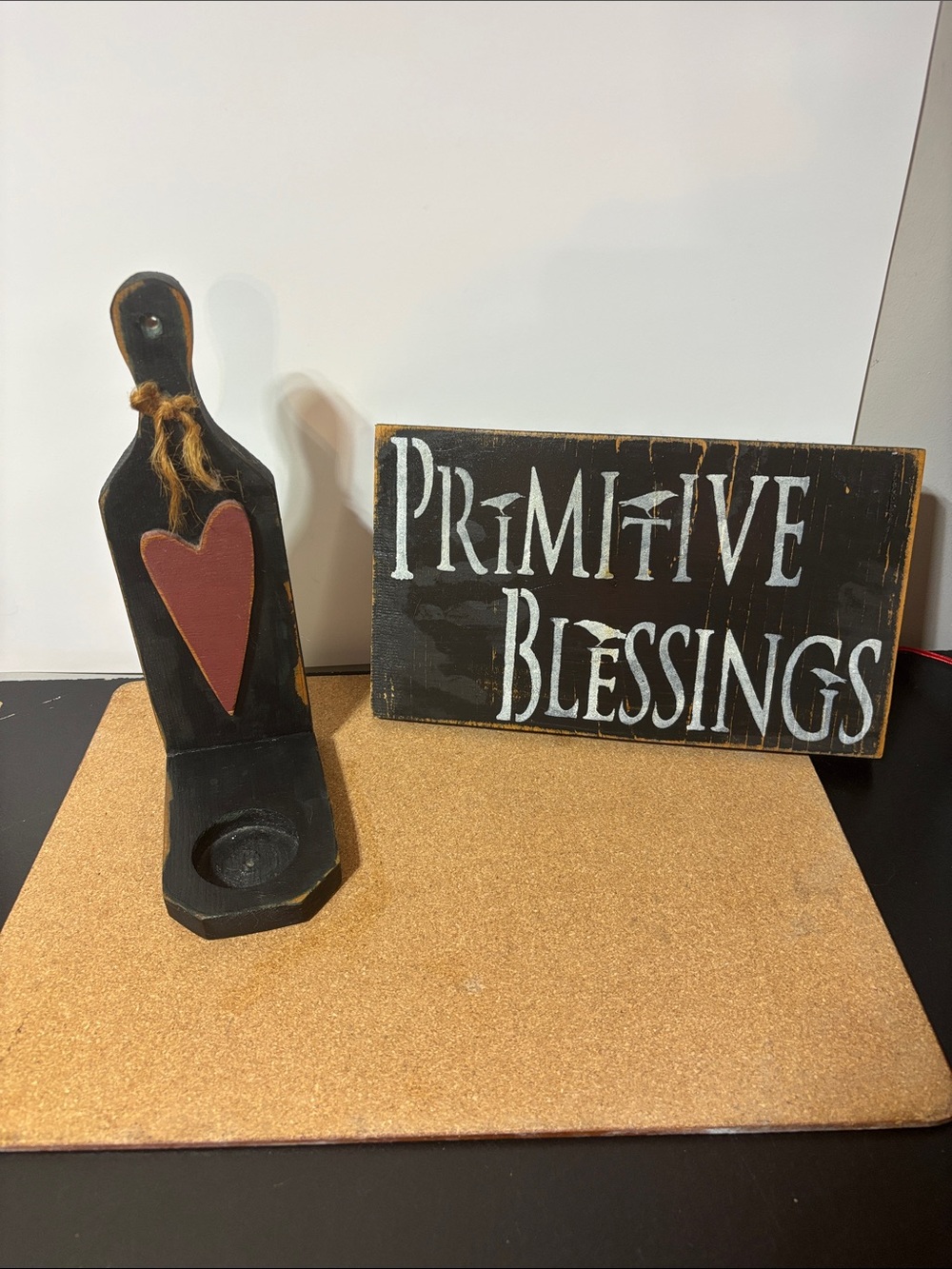 Primitive Blessings Wall Sign 11x6.5”Heart Candle Holder 10” Set Black and Red